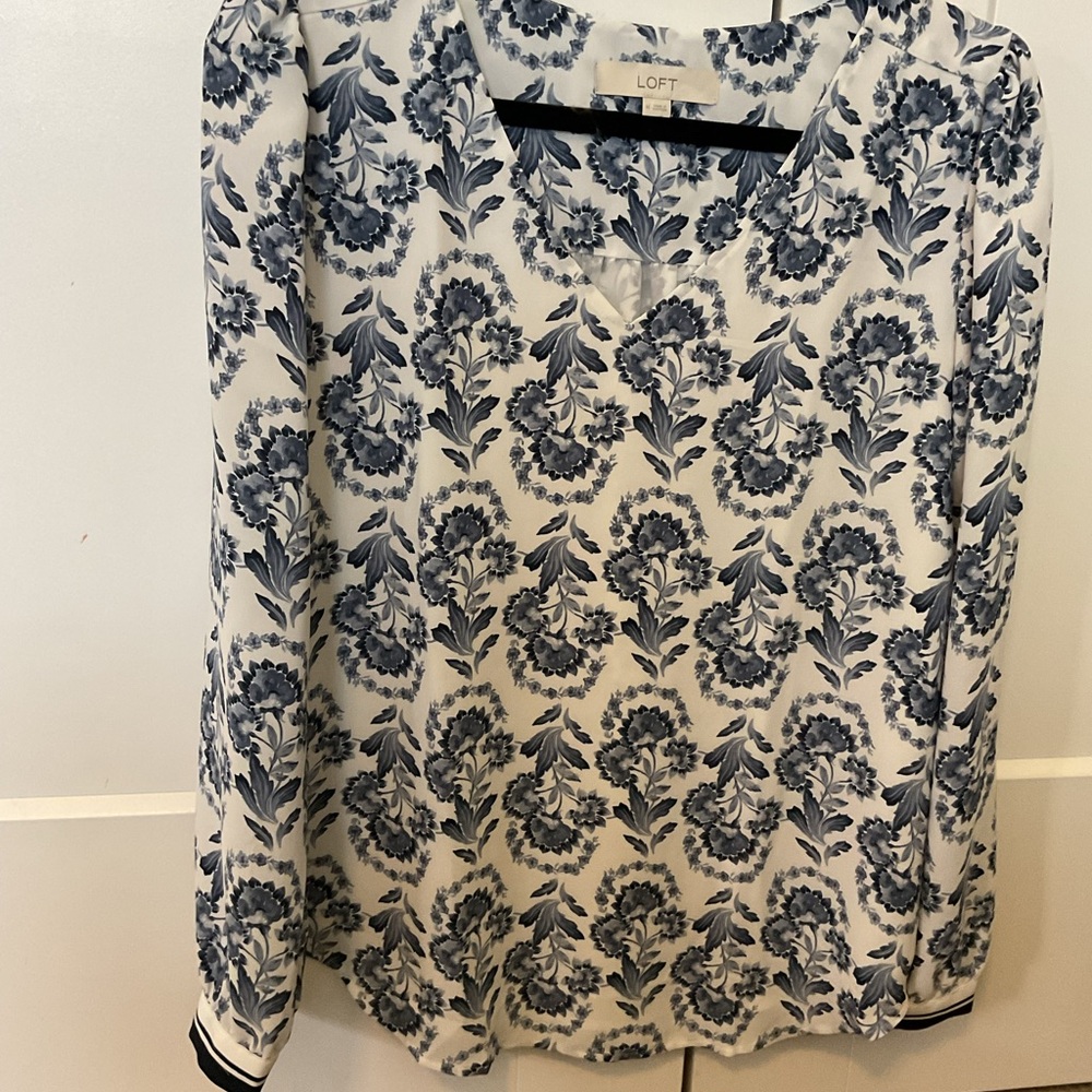 LOFT Blue and White Graphic Blouse with Mandarin Collar